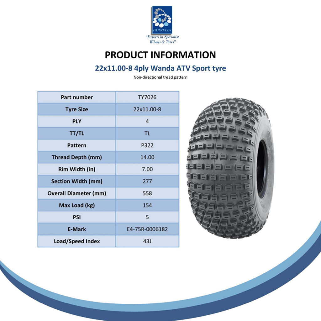 22x11.00-8 4pr Journey P322 Knobby tyre spec sheet