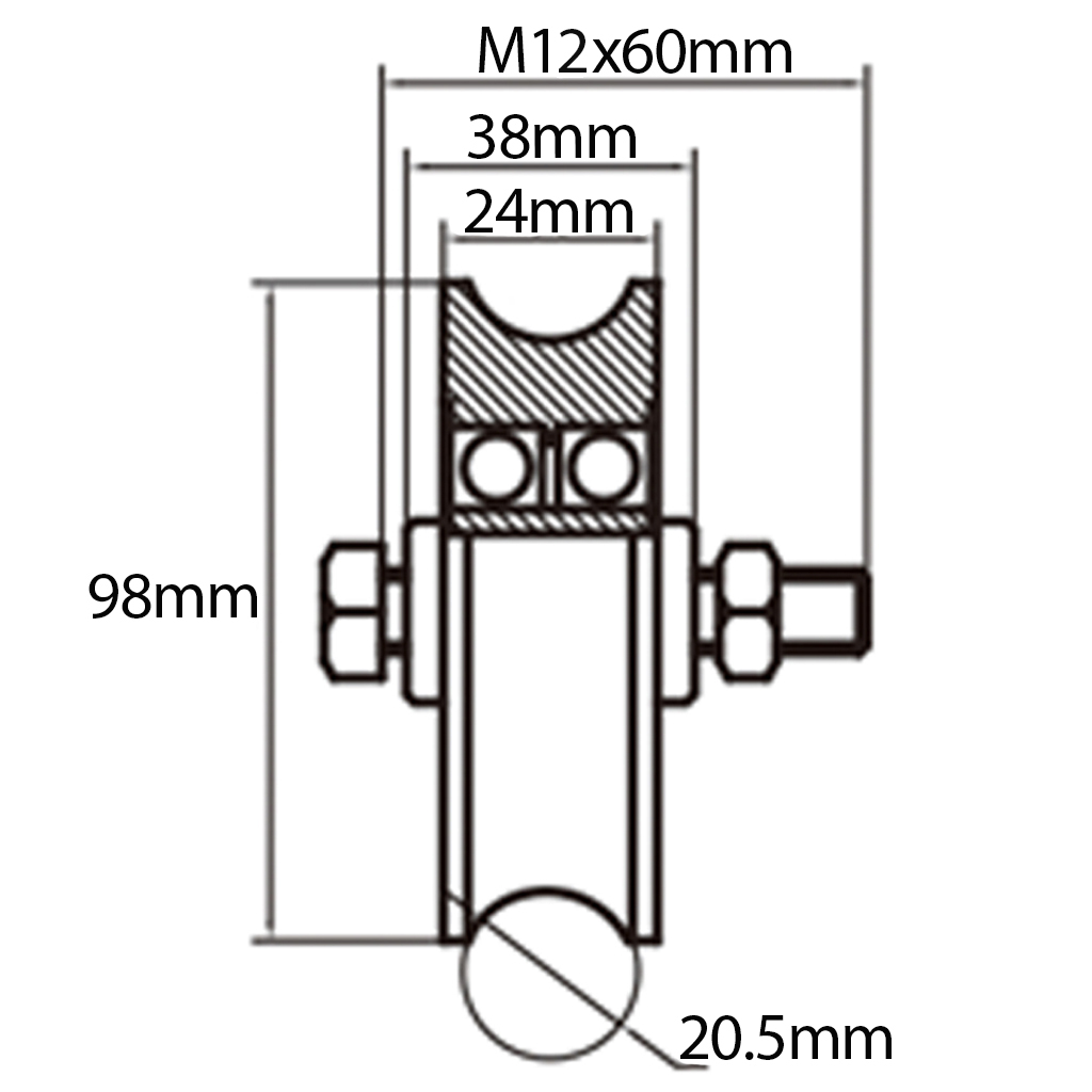 100mm Round groove wheel with 2 ball bearing 350Kgs drawing with dimensions