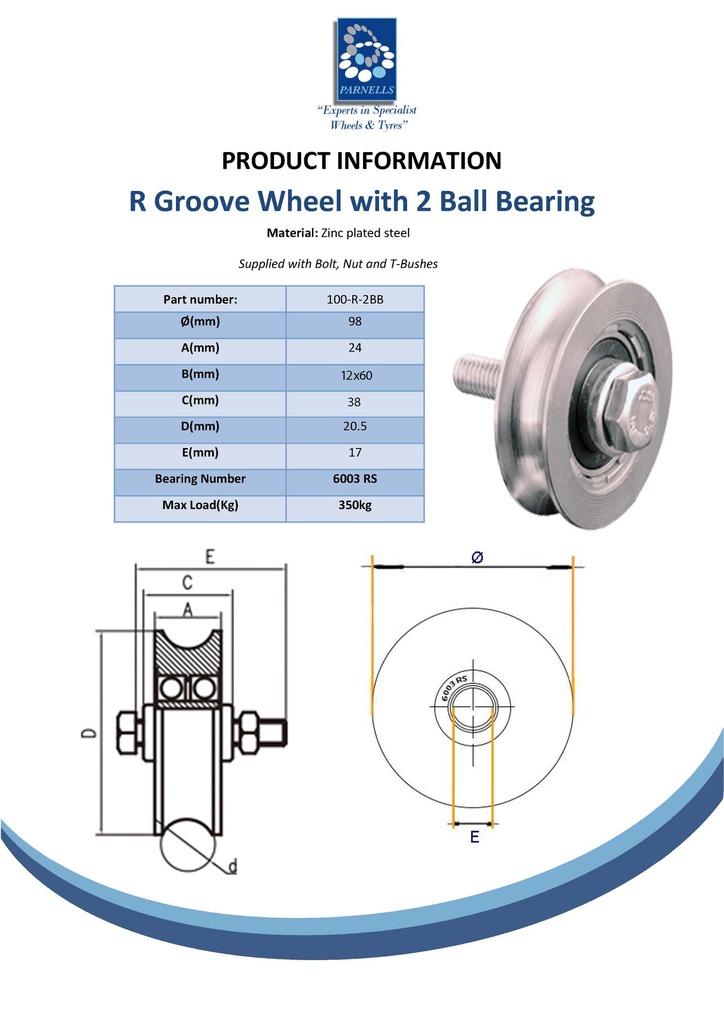 100mm Round groove wheel with 2 ball bearing 350Kgs spec sheet