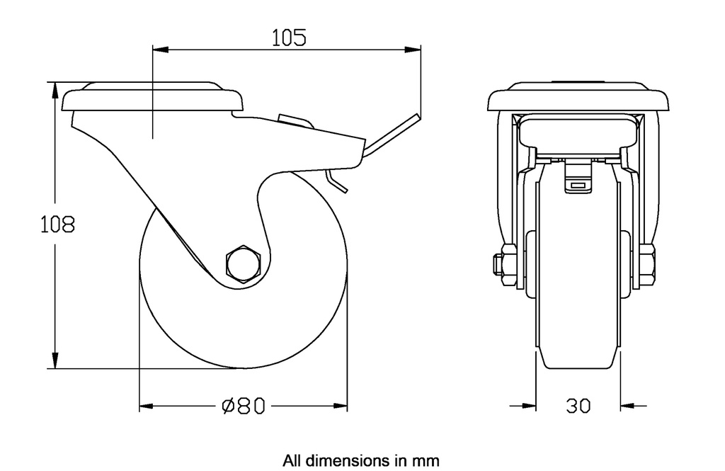 300 series 80mm swivel/brake bolt hole 10,5mm castor with black rubber on pressed steel centre roller bearing wheel 70kg - Castor dimensions