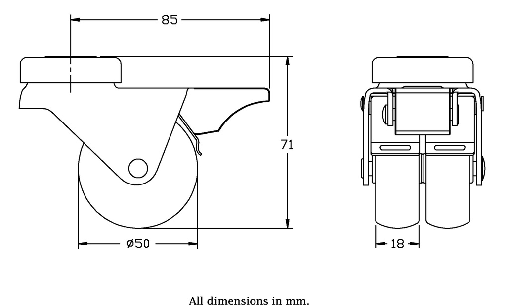 100 series 2x50mm swivel/brake bolt hole 10mm castor with grey TPR-rubber on polypropylene centre plain bearing wheels 70kg - Castor dimensions