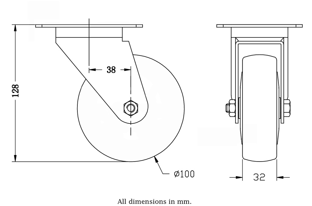 300 series 100mm swivel top plate 100x80mm castor with grey TPR-rubber on polypropylene centre ball bearing wheel 110kg - Castor drawing