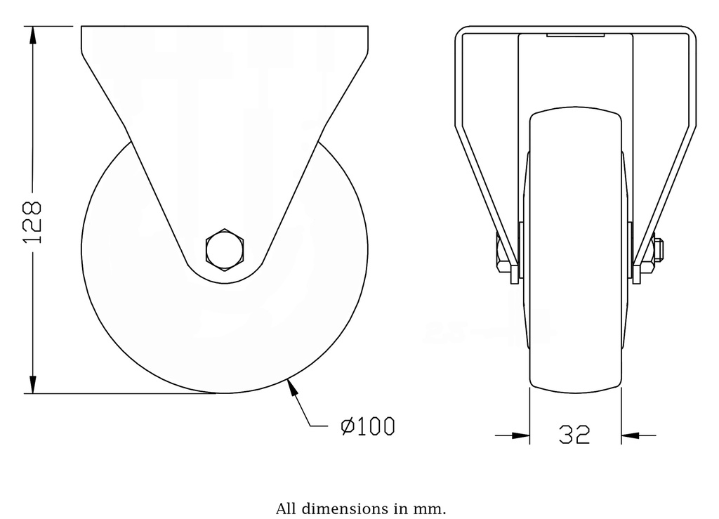 300 series 100mm fixed top plate 100x84mm castor with grey TPR-rubber on polypropylene centre ball bearing wheel 110kg - Castor drawing