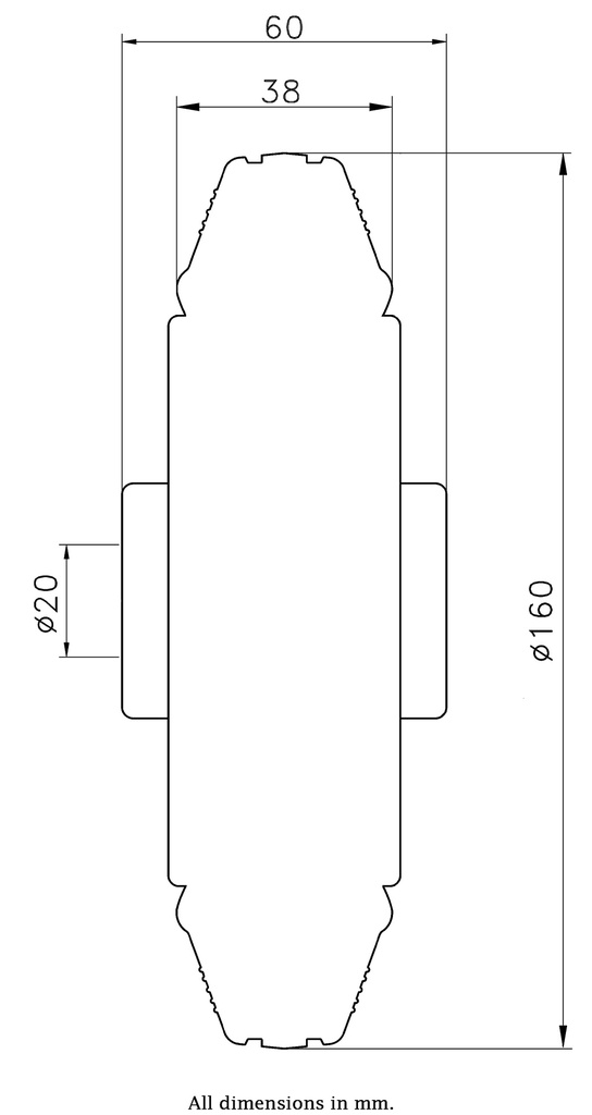 Wheel series 160mm grey rubber on polypropylene centre 20mm bore hub length 60mm plain bearing 135kg - Wheel dimensions