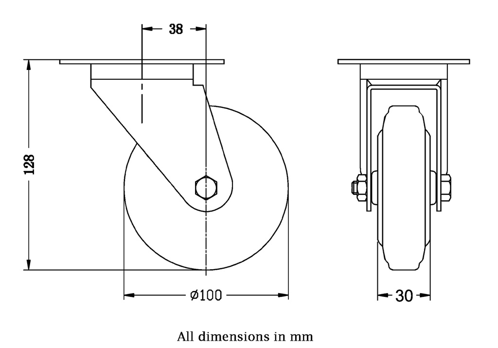 300 series 100mm swivel top plate 100x80mm castor with black rubber on pressed steel centre roller bearing wheel 90kg - Castor dimensions