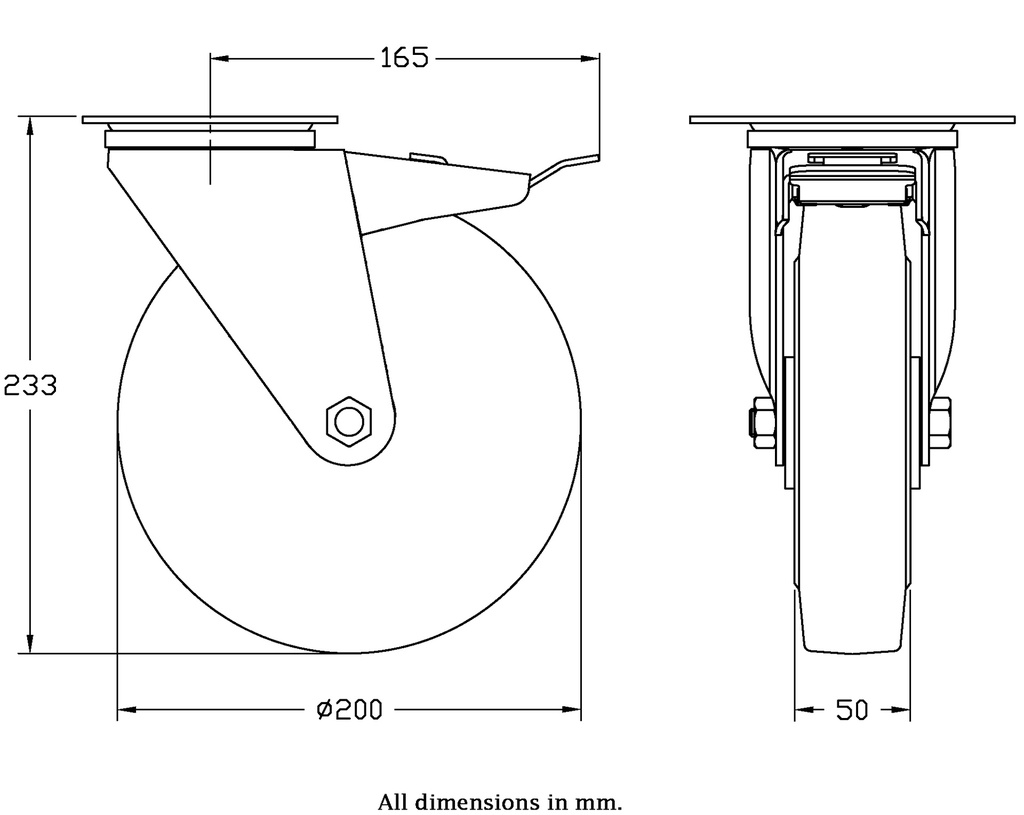 300 series 200mm swivel/brake top plate 140x110mm castor with black elastic rubber on aluminium centre ball bearing wheel 350kg - Castor dimensions