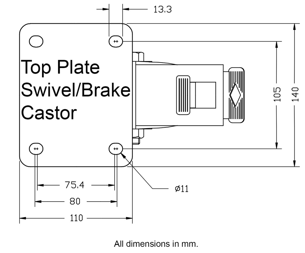 300 series 200mm swivel/brake top plate 140x110mm - Plate dimenions