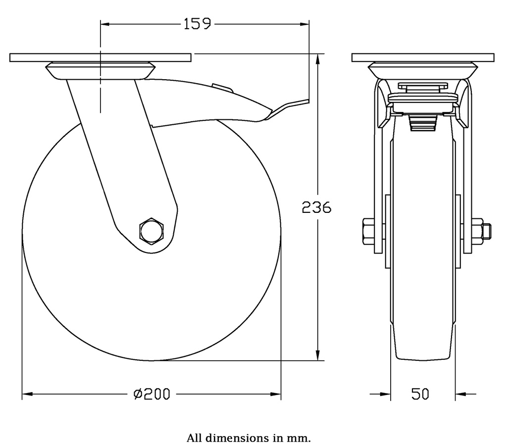 500 series 200mm swivel/brake top plate 140x110mm castor with black elastic rubber on aluminium centre ball bearing wheel 450kg - Castor dimensions