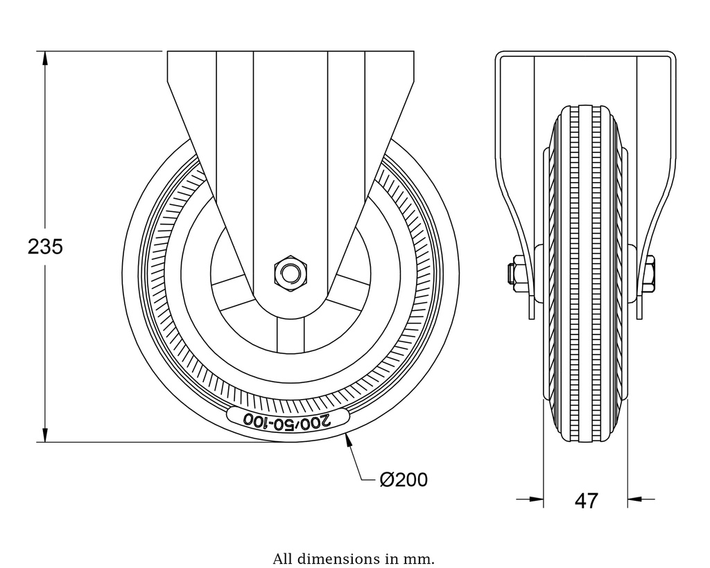 300SS series 200mm stainless steel fixed top plate 138x116mm castor with grey rubber on polypropylene centre plain bearing wheel 205kg - Castor drawing