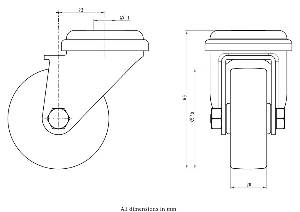 100SS series 50mm stainless steel swivel bolt hole 10mm castor with grey TPR-rubber on polypropylene centre plain bearing wheel 40kg - Castor drawing