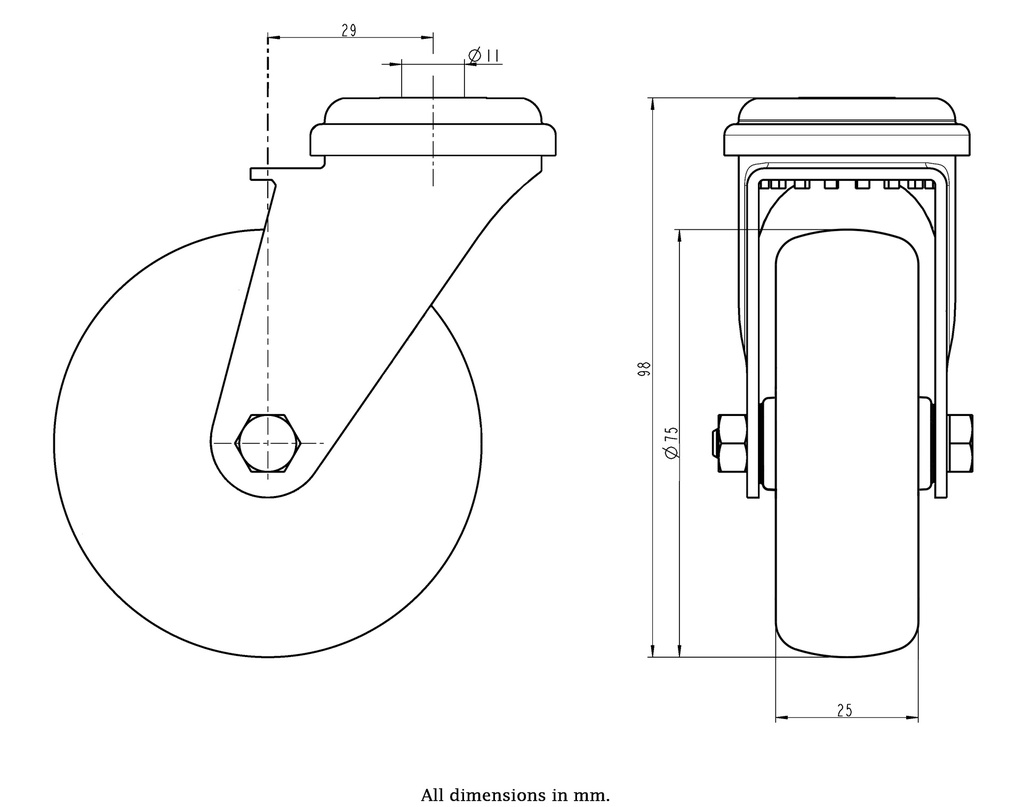 100SS series 75mm stainless steel swivel bolt hole 11mm castor with grey TPR-rubber on polypropylene centre plain bearing wheel 60kg - Castor drawing