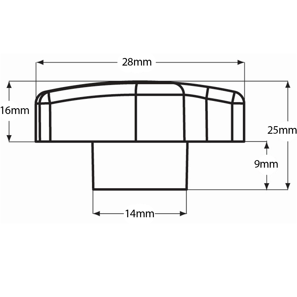 M6 female thermoplastic lobe knob open zinc thread Drawing with Dimensions