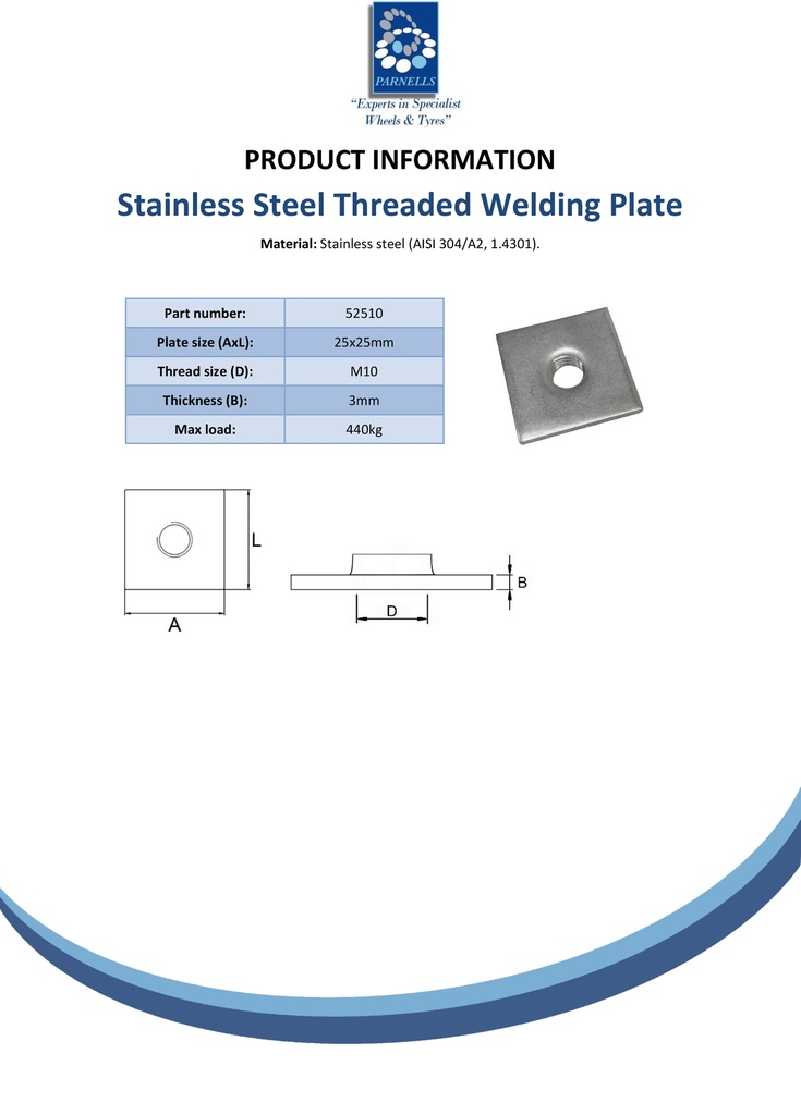 25x25x3mm M10 Stainless steel weld on plate AISI 304/A2 - Spec sheet