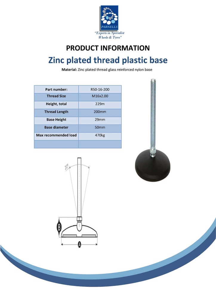 M16x200 Zinc plated levelling foot 50mm plastic base 470kg Spec Sheet