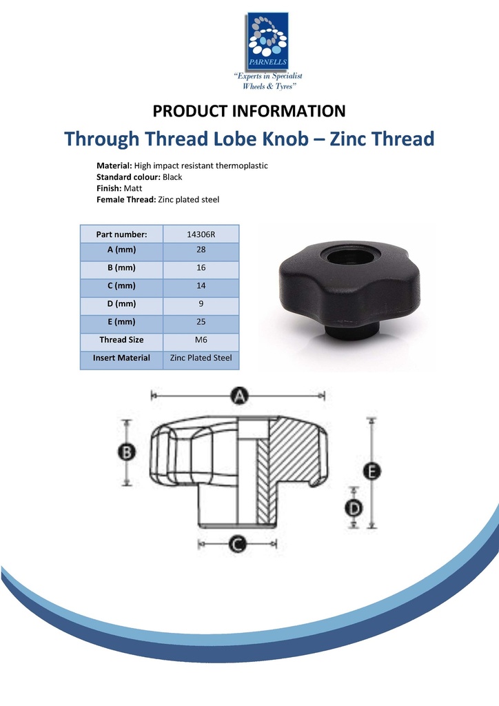 M6 female thermoplastic lobe knob open zinc thread Spec Sheet