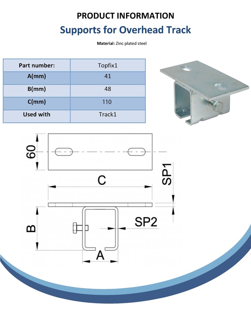 Top fixing bracket for track #1 Spec Sheet