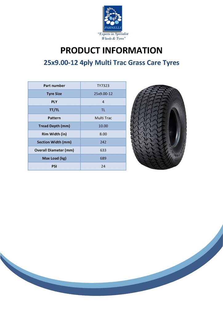 25x9.00-12 4pr Carlisle Multi Trac Tyre TL Spec Sheet