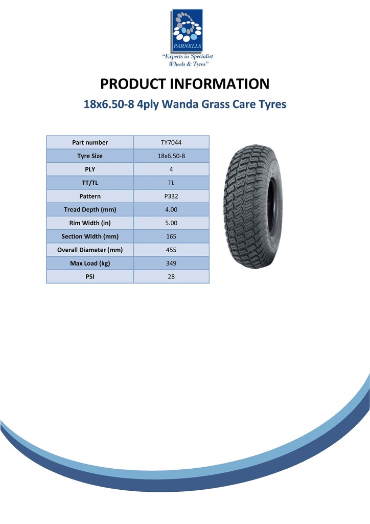 18x6.50-8 4pr Wanda P332 Grass tyre TL Spec Sheet