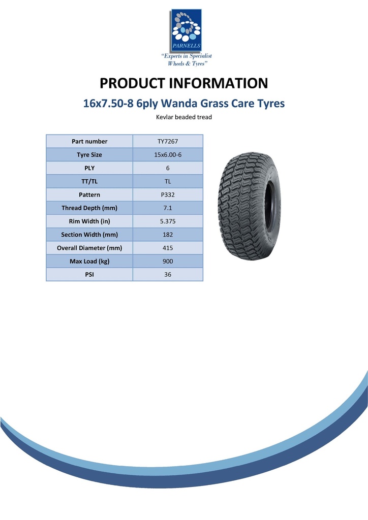 16x7.50-8 6pr Wanda P332 Kevlar grass tyre TL Spec Sheet