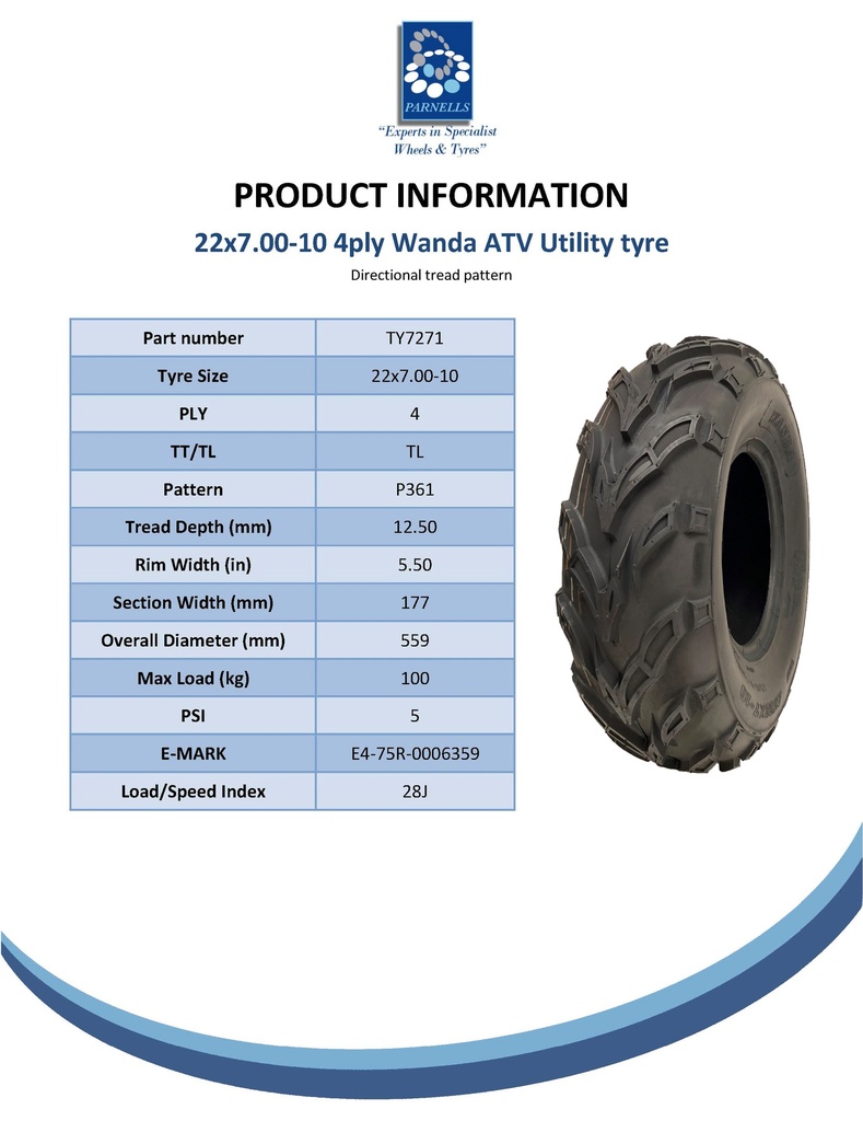 22x7.00-10 4pr Wanda P361 ATV tyre E-marked TL 28J Spec Sheet