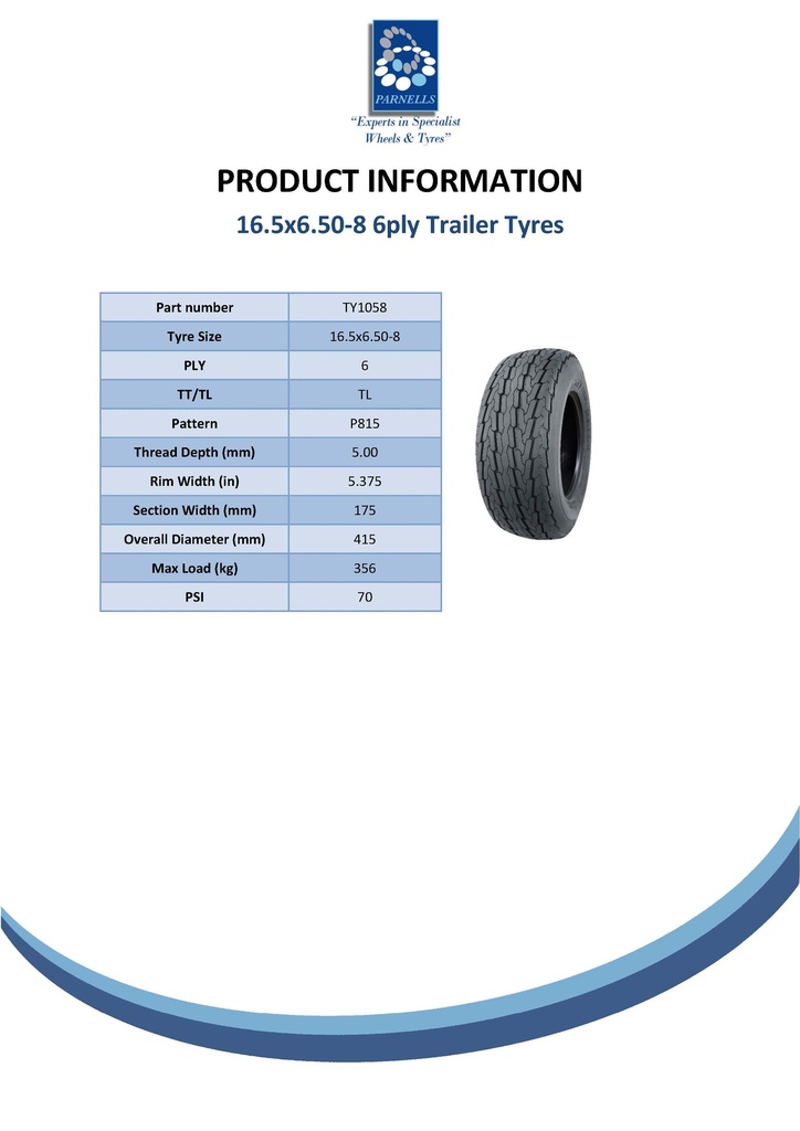 16.5x6.50-8 6pr Wanda P815 High-speed trailer tyre TL Spec Sheet