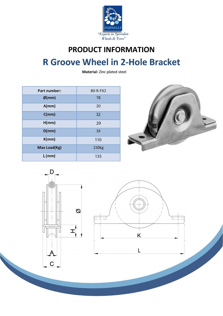 80mm Round groove wheel in 2-hole bracket Spec Sheet