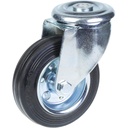 300 series 100mm swivel bolt hole 10,5mm castor with black rubber on pressed steel centre roller bearing wheel 90kg