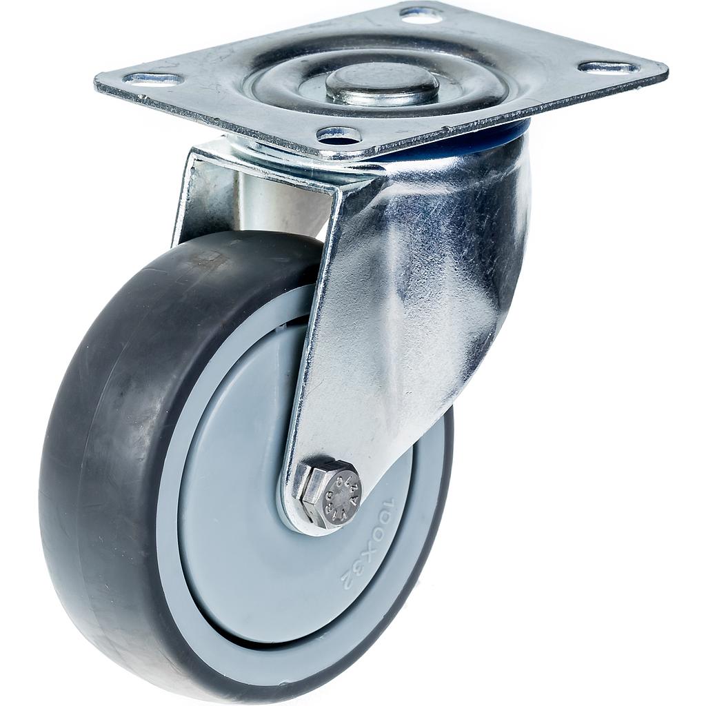 300 series 100mm swivel top plate 100x80mm castor with grey thermoplastic rubber on polypropylene centre single ball bearing wheel 110kg