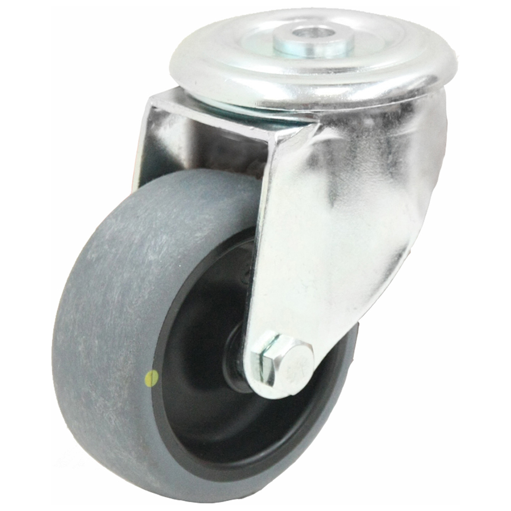 300 series 125mm swivel bolt hole 10,5mm castor with electrically conductive grey thermoplastic rubber on polypropylene centre plain bearing wheel 80kg