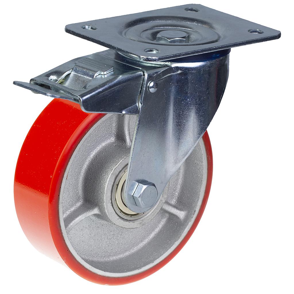 300 series 152mm swivel/brake top plate 140x110mm castor with polyurethane on cast iron centre ball bearing wheel 350kg