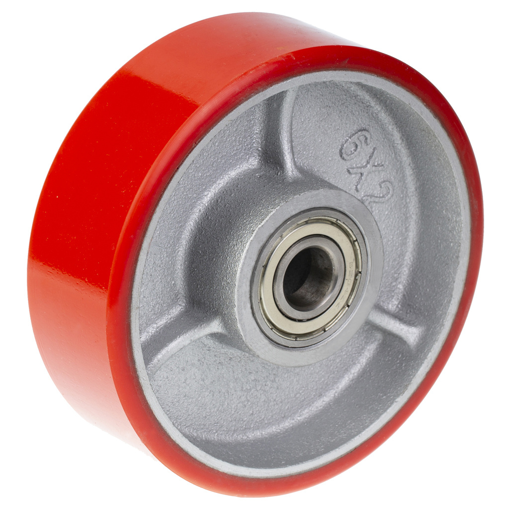 Wheel series 150mm RED polyurethane on cast iron centre 20mm bore hub length 55mm ball bearing 500kg