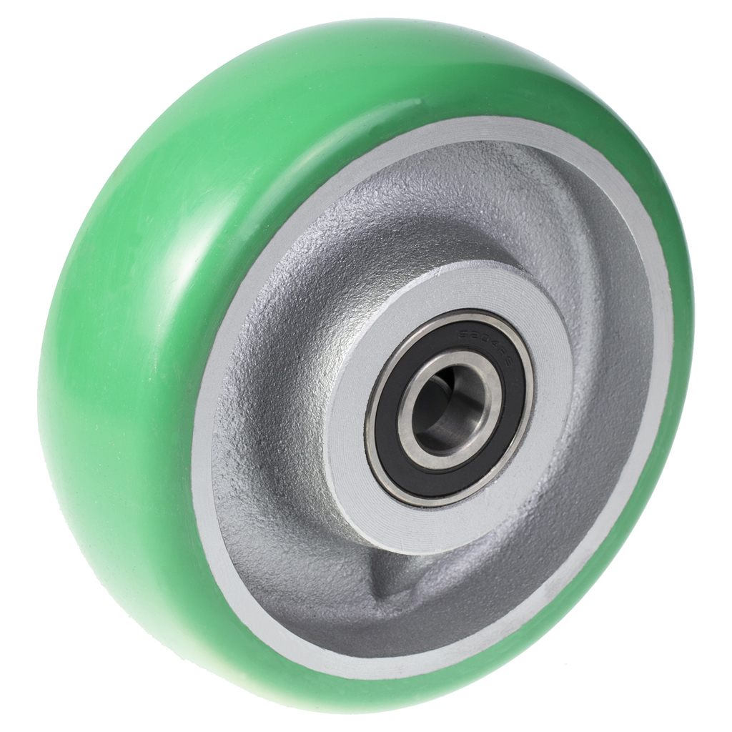 Wheel series 160mm GREEN convex elastic polyurethane on cast iron centre 20mm bore hub length 60mm ball bearing 550kg