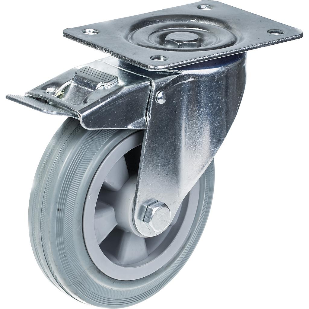 300 series 160mm swivel/brake top plate 140x110mm castor with grey rubber on polypropylene centre roller bearing wheel 135kg