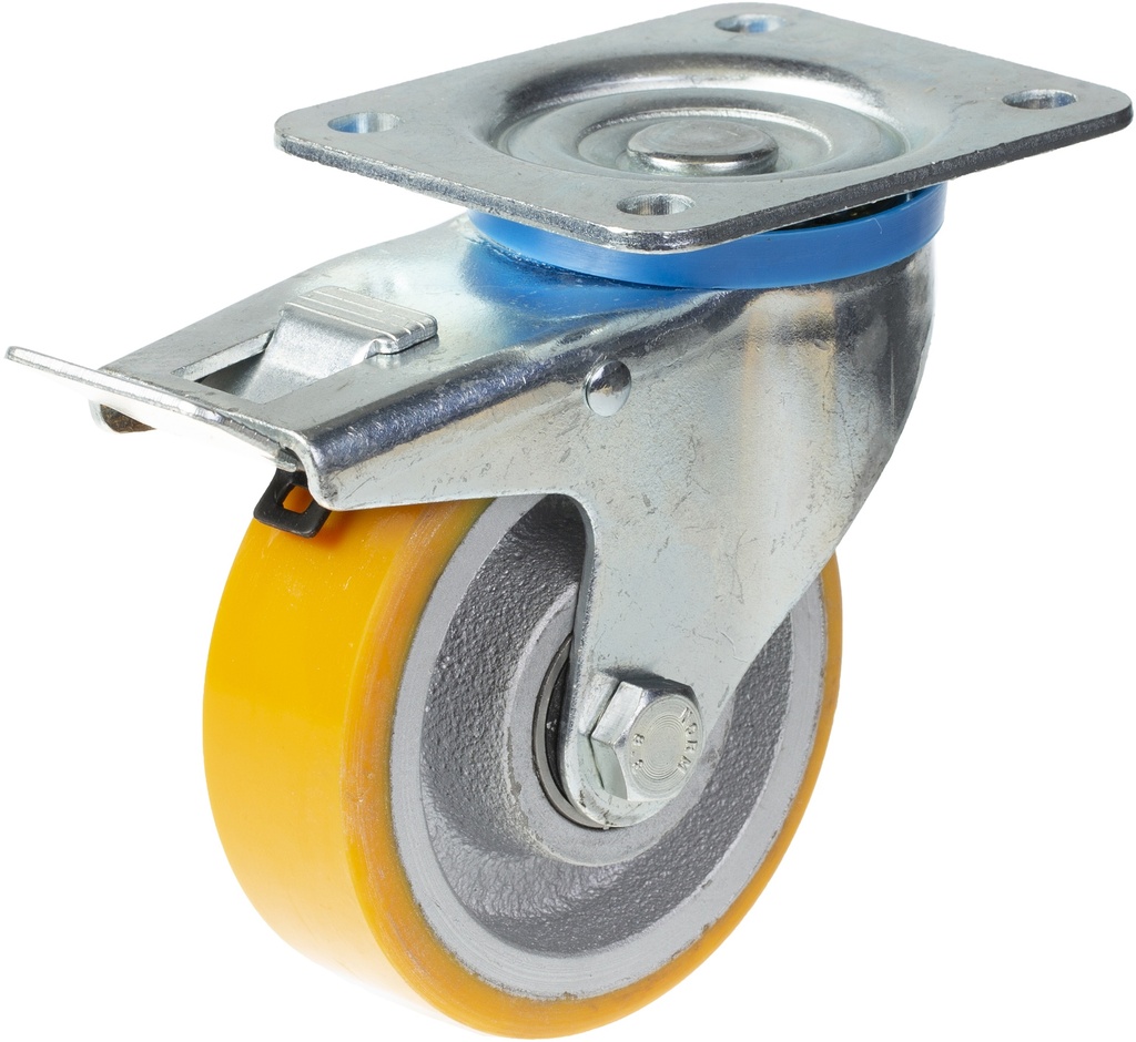 322 series 100mm swivel/brake top plate 106x86mm castor with polyurethane on cast iron centre ball bearing wheel 250kg