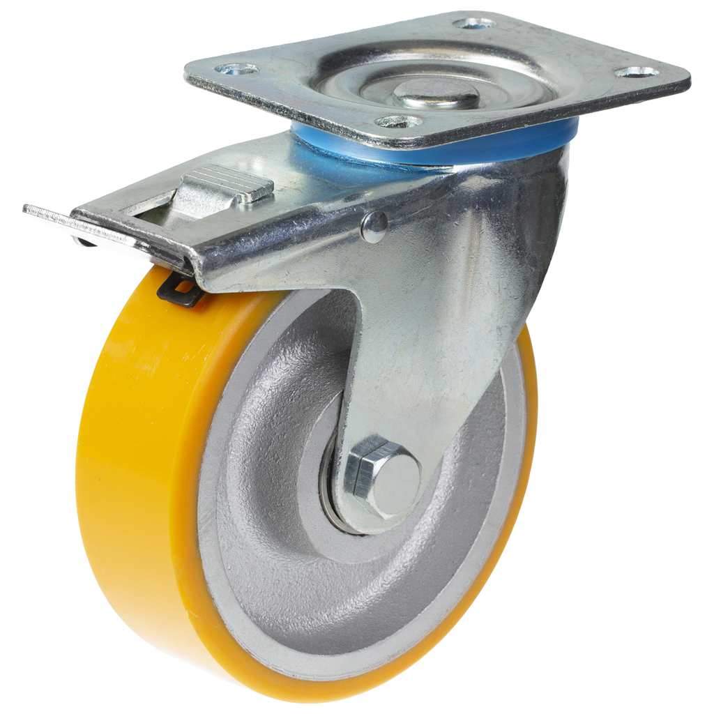 322 series 125mm swivel/brake top plate 106x86mm castor with polyurethane on cast iron centre ball bearing wheel 280kg