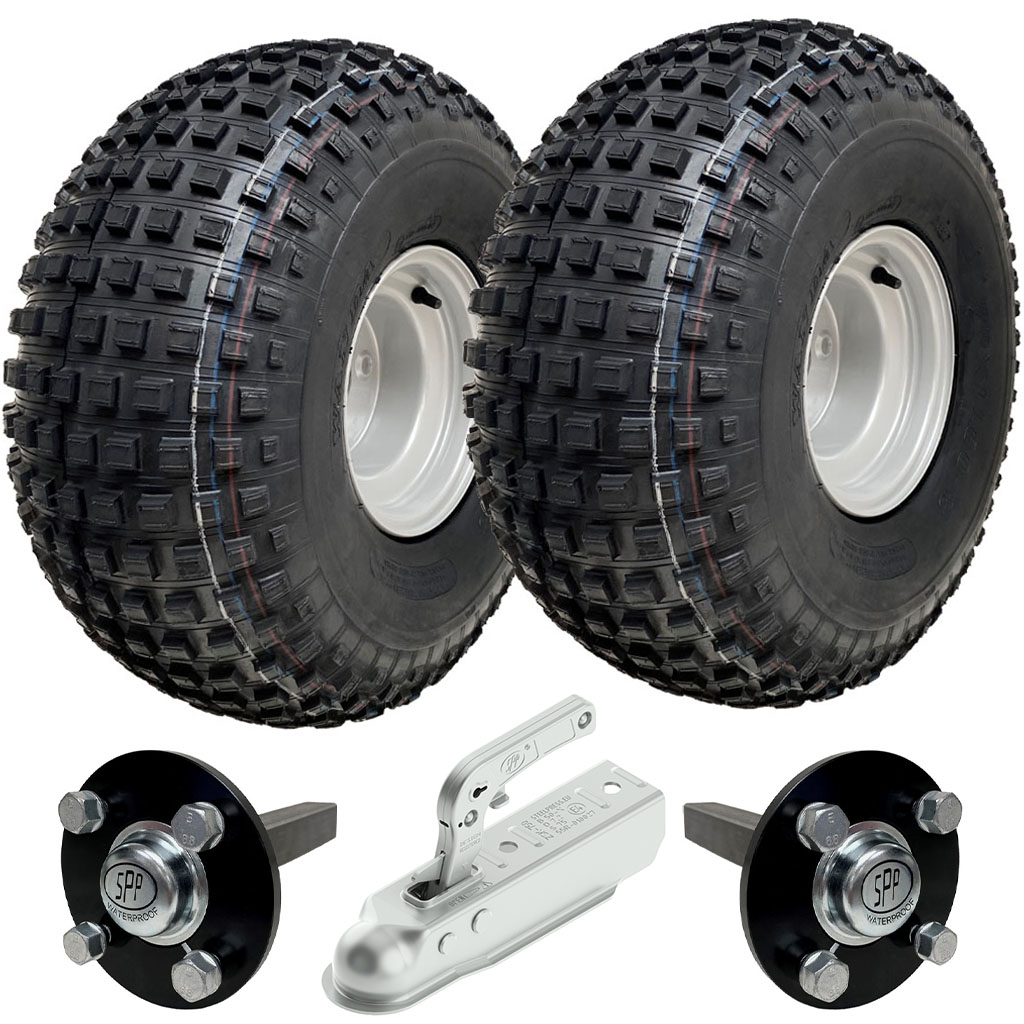 ATV Trailer Kit, 22x11.00-8 4pr P323 Knobby tyre, Hub/stub axle 35x35mm, pressed hitch, 310kg load capacity