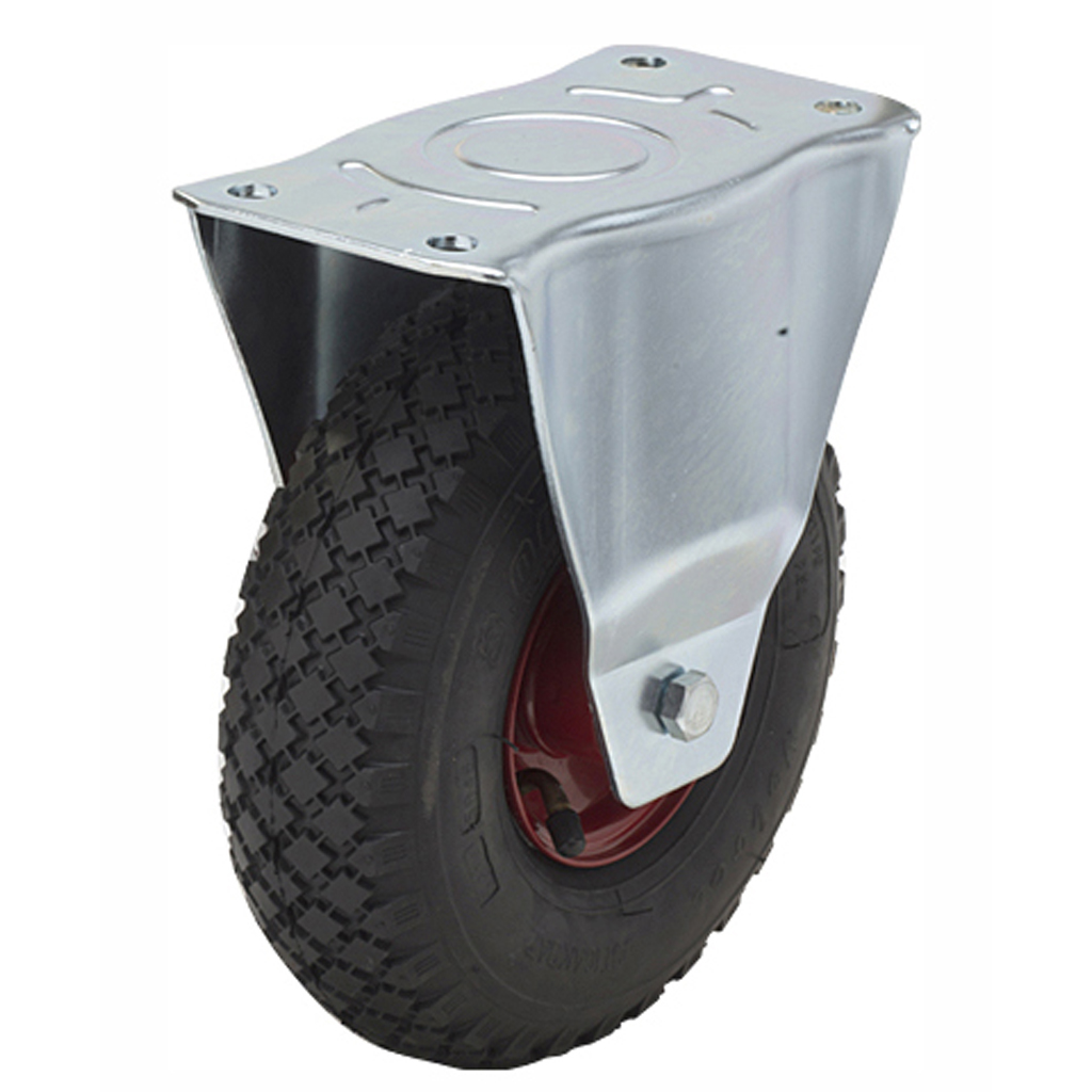 HXP series 3.00x4 fixed top plate 230x130mm castor with black pneumatic block patterned rubber tyre on red steel centre roller bearing wheel 150kg