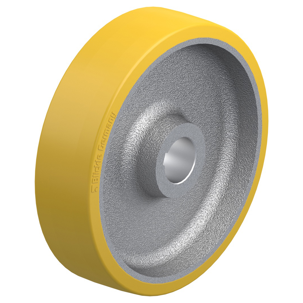 Wheel series 300x80mm Extrathane polyurethane on cast iron centre bore 50mm H7 hub length 80mm plain bearing with keyway 14x3.8mm 2100kg