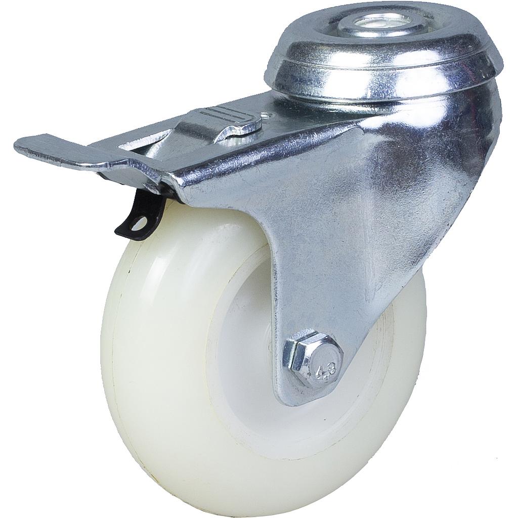 100 series 75mm swivel/brake bolt hole 10mm castor with nylon tread on polypropylene centre plain bearing wheel 70kg