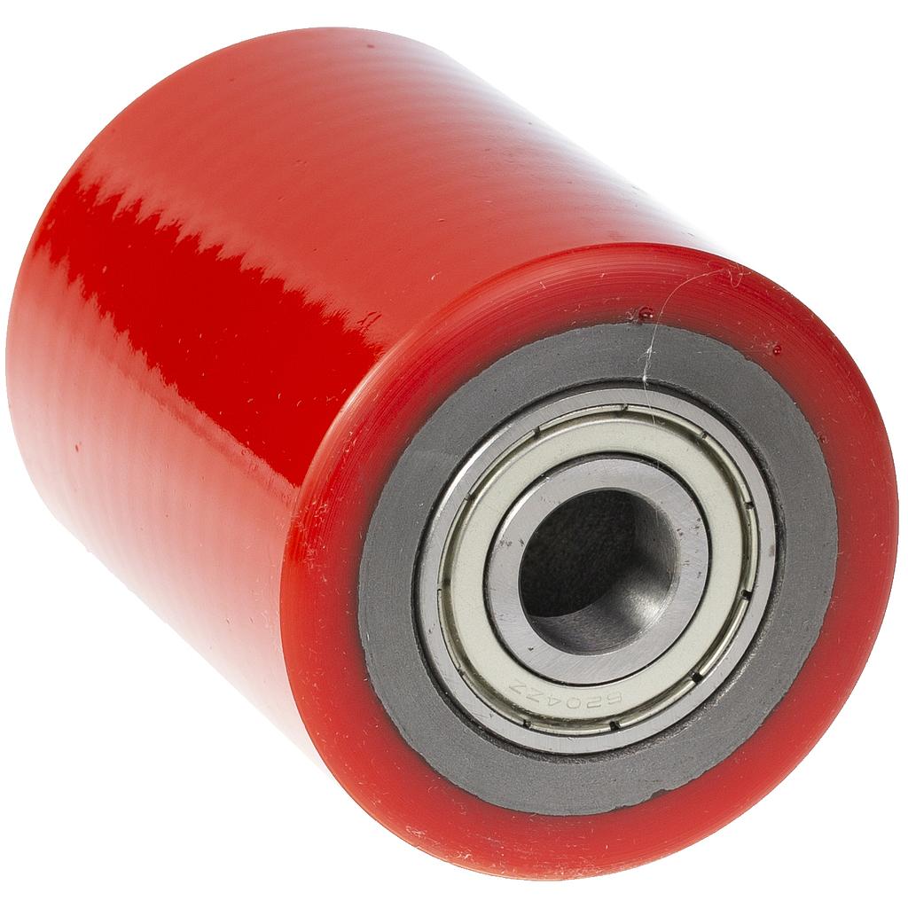 Roller for pallet truck 80x90mm RED polyurethane on cast iron centre 20mm bore hub length 90mm ball bearing 500kg