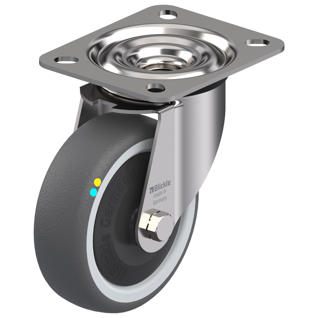 300SS series 100mm stainless steel swivel top plate 100x85mm castor with electrically conductive grey polyurethane on nylon centre additional sealed single ball bearing wheel 130kg