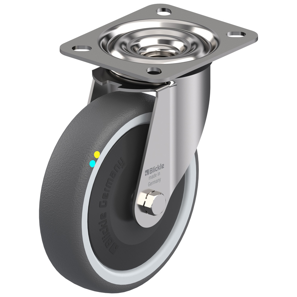 300SS series 125mm stainless steel swivel top plate 100x85mm castor with electrically conductive grey polyurethane on nylon centre additional sealed single ball bearing wheel 150kg