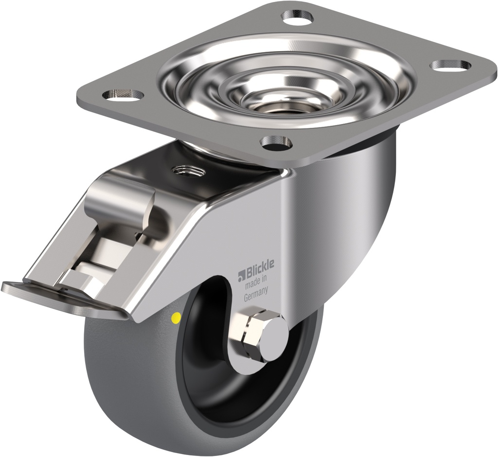 300SS series 80mm stainless steel swivel/brake top plate 100x85mm castor with electrically conductive grey thermoplastic rubber on polypropylene centre plain bearing wheel 65kg