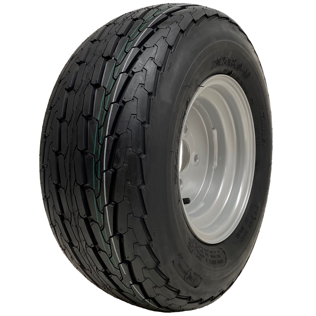 20.5x8.0-10 4pr Journey Trailer tyre on silver steel rim 4/100/60, 412kg load capacity