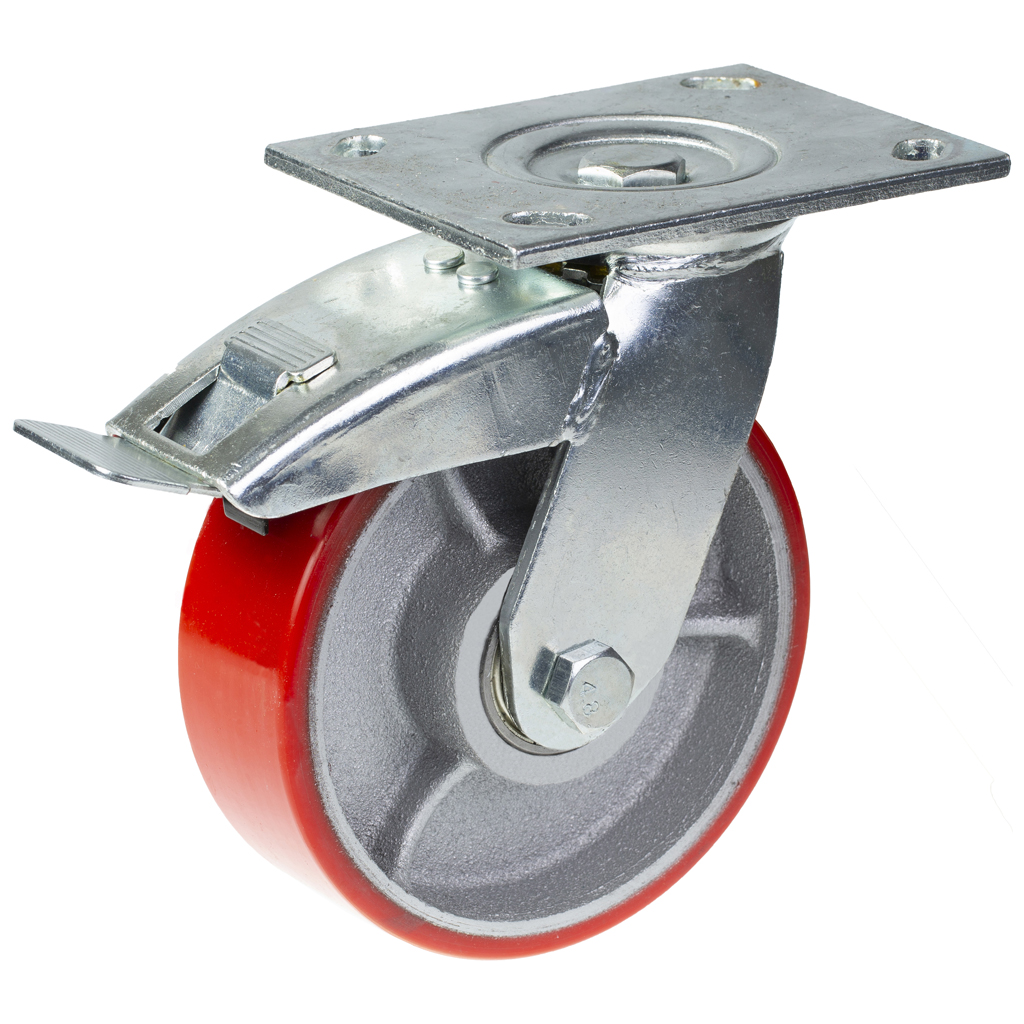 500 series 152mm swivel/brake top plate 140x110mm castor with polyurethane on cast iron centre ball bearing wheel 500kg