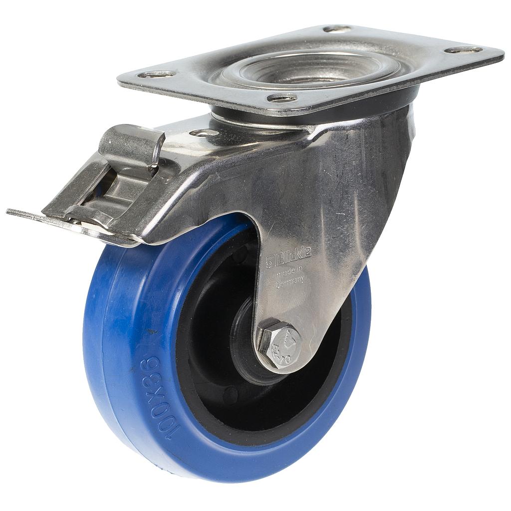 300SS series 100mm stainless steel swivel/brake top plate 100x85mm castor with blue elastic rubber on nylon centre plain bearing wheel 150kg 