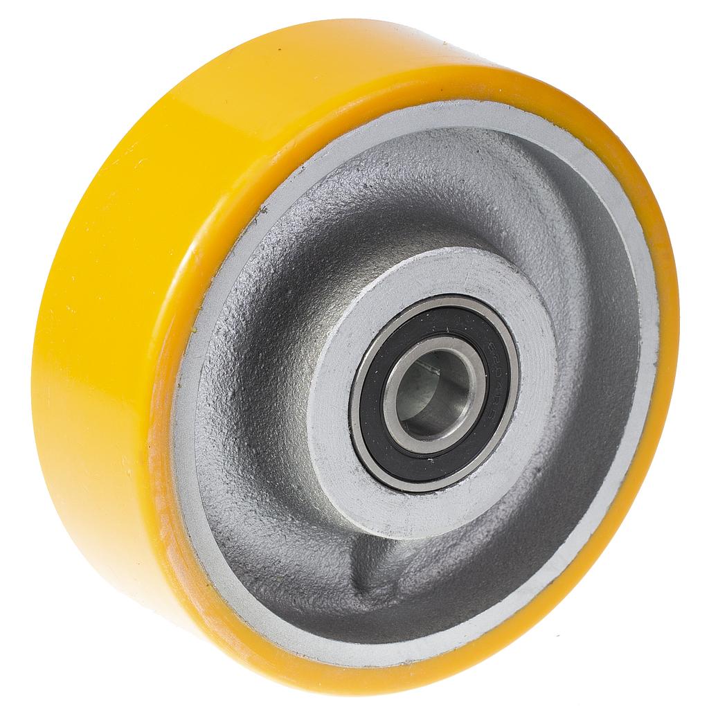 Wheel series 100mm YELLOW polyurethane on cast iron centre 15mm bore hub length 40mm ball bearing 300kg