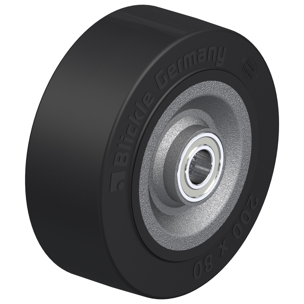 Wheel series 200x80mm black elastic rubber on welded steel centre 25mm bore hub length 90mm ball bearings 850kg