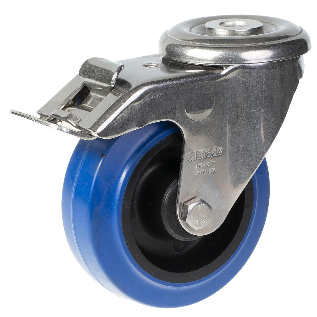 300SS series 100mm stainless steel swivel/brake bolt hole 13mm castor with blue elastic rubber on nylon centre plain bearing wheel 150kg