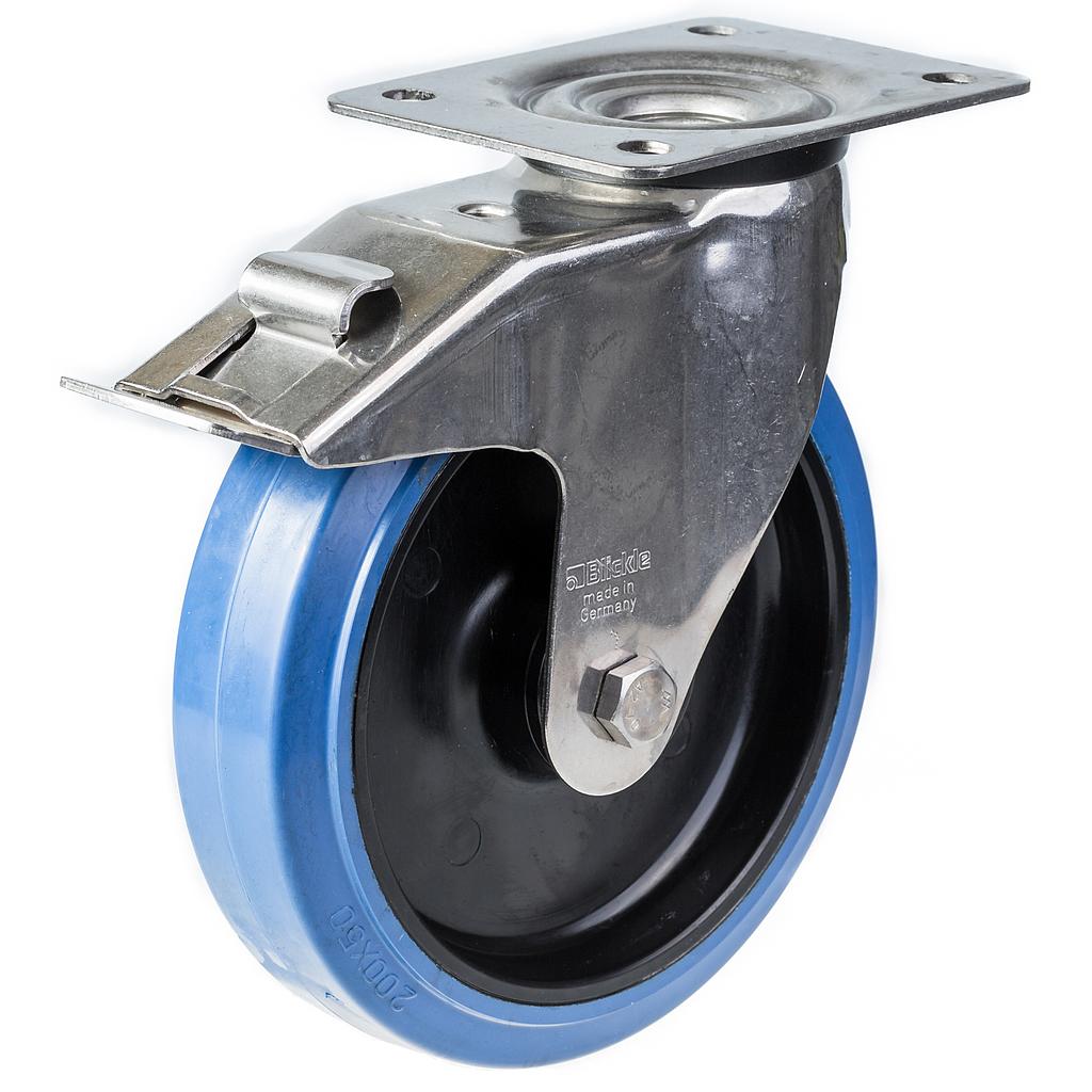 300SS series 200mm stainless steel swivel/brake top plate 140x110mm castor with blue elastic rubber on nylon centre stainless steel roller bearing wheel 300kg